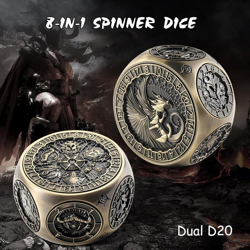 DNDND 8-in-1 Spinner Dice with Dual D20 - Hexagonal Metal D&D Monster Themed Dice Set for TTRPG Dungeons and Dragons, Dungeon Masters with Collectible Gift Tin (Brass) - Image 3